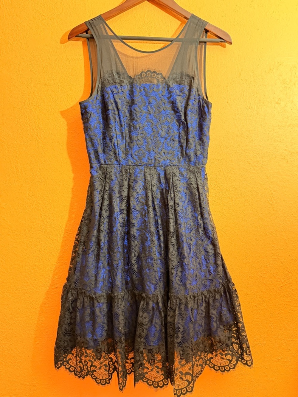 Moulinette Soeurs Blue & Black Lace Illusion Midi Dress